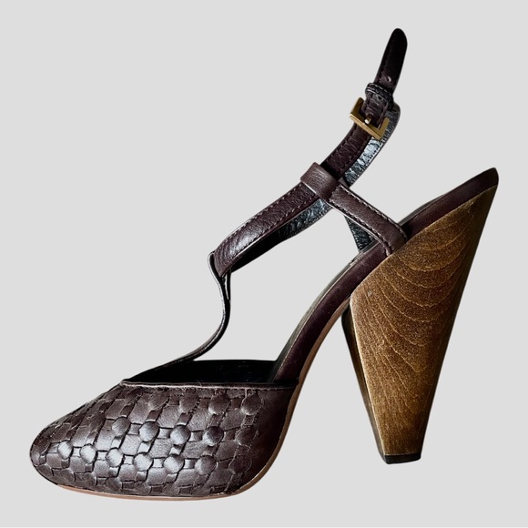 Ash Shoes - Ash Brown Leather Peep Toe Heels, Woven Details 40